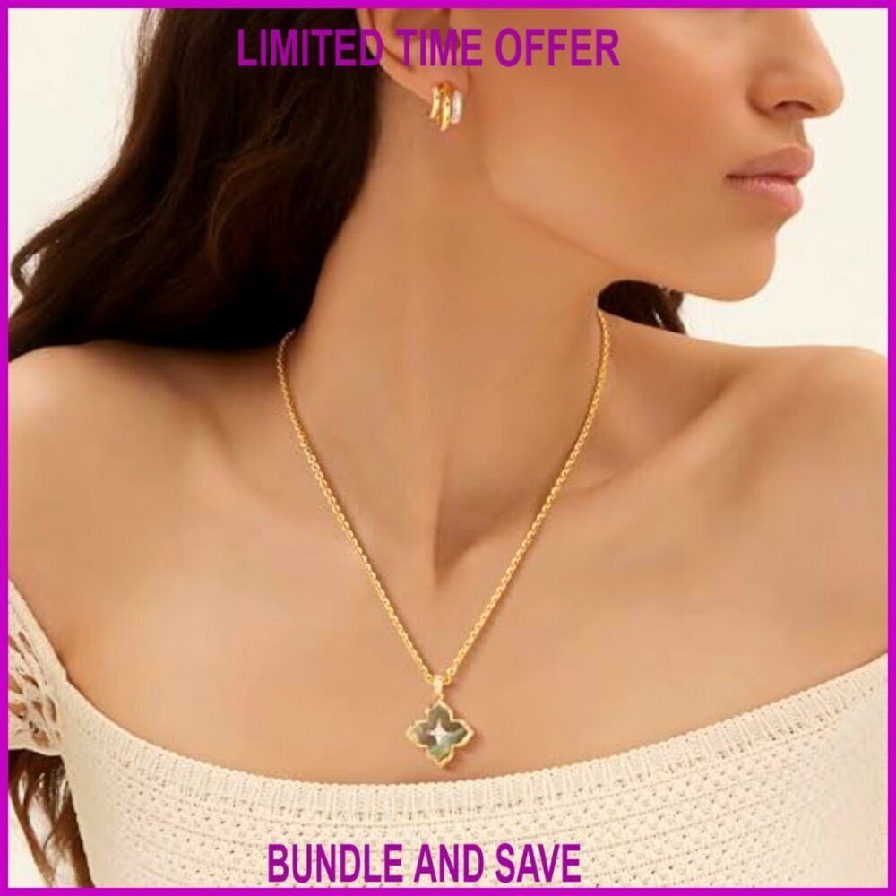Double-Sided Clover Pendant Necklace 14K Gold Plated Chain 18" Length - Picture 2 of 7